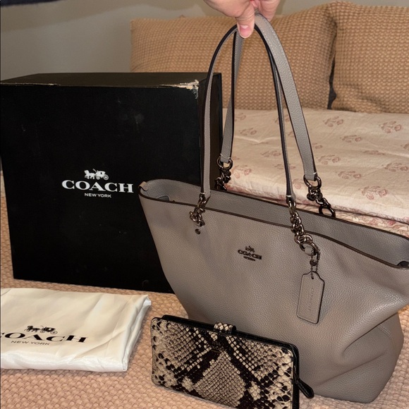 Coach Handbags - Coach Sophia gray Leather Tote with Chain Straps and wallet